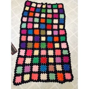 Vintage Crochet Granny Square Black Multi Colored Afghan Throw 68x22 Lap Blanket
